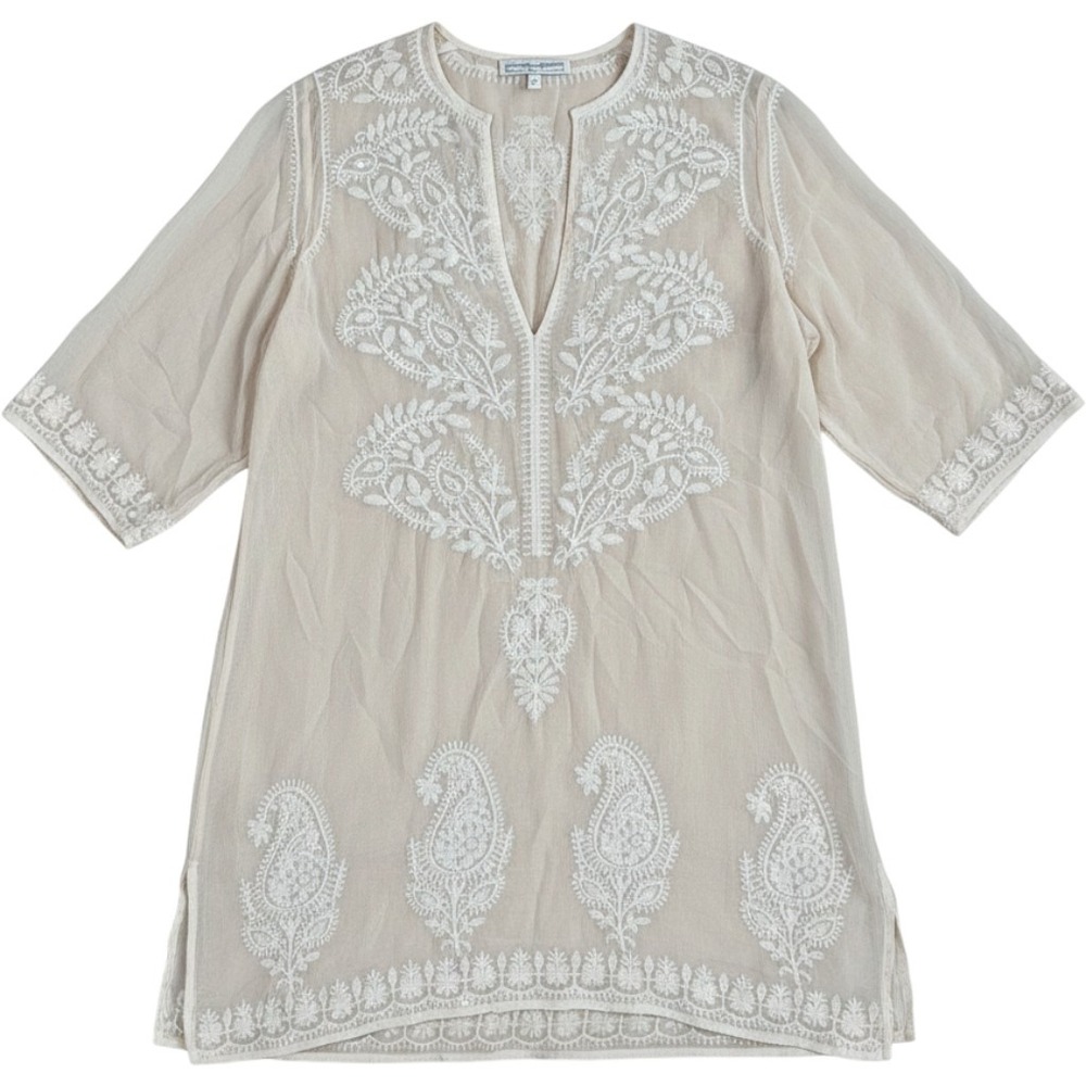 Marie France Van Damme Silk Tunic 0 Beige Sequin Paisley Embroidered Boho Luxury